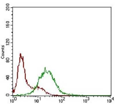 Flow Cytometry: Somatostatin R3/SSTR3 Antibody (7H8E5) [NBP2-37266] - Flow cytometric analysis of Hela cells using SSTR3 mouse mAb (green) and negative control (red).