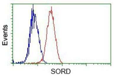 Flow Cytometry: Sorbitol Dehydrogenase Antibody (OTI9E7) - Azide and BSA Free [NBP2-74288] - Analysis of Jurkat cells, using anti-Sorbitol Dehydrogenase antibody, (Red) compared to a nonspecific negative control antibody (Blue).