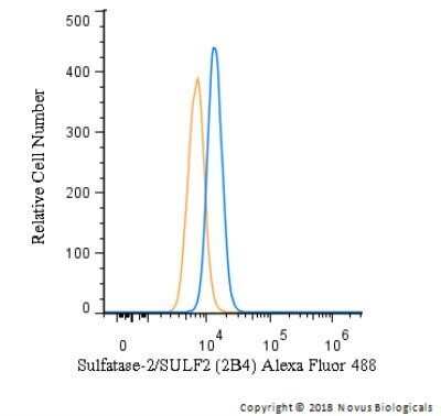 Flow Cytometry: Sulfatase-2/SULF2 Antibody (2B4) - Azide and BSA Free [NBP2-80967] - An intracellular stain was performed on HeLa cells with Sulfatase-2/SULF2 Antibody (2B4) NBP1-36727AF488 and a matched isotype control (orange). Cells were fixed with 4% PFA and then permeabilized with 0.1% saponin. Cells were incubated in an antibody dilution of 10 ug/mL for 30 minutes at room temperature. Both antibodies were directly conjugated to Alexa Fluor 488.