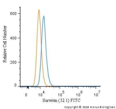 Flow Cytometry: Survivin Antibody (32.1) [FITC] [NB500-237F] - An intracellular stain was performed on HeLa cells with FITC-conjugated Survivin Antibody (32.1) [NB500-237F] (blue) and a matched isotype control (orange). Cells were fixed with 4% PFA and then permeabilized with 0.1% saponin. Cells were incubated in an antibody dilution of 10 ug/mL for 30 minutes at room temperature. Both antibodies were conjugated to FITC.