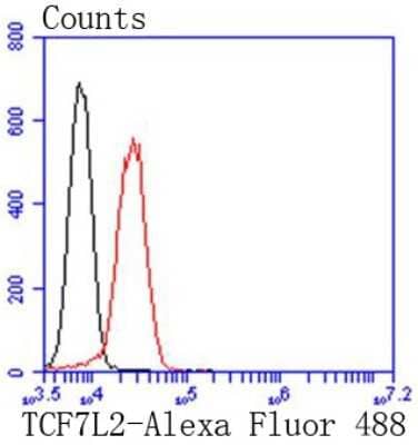 Flow Cytometry: TCF7L2 Antibody (SC06-90) [NBP2-67618] - Analysis of Jurkat cells with TCF7L2 antibody at 1/50 dilution (red) compared with an unlabelled control (cells without incubation with primary antibody; black). Alexa Fluor 488-conjugated goat anti rabbit IgG was used as the secondary antibody.