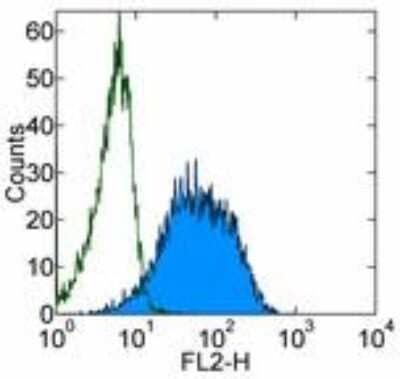 Flow Cytometry: TCL1 Antibody (1-21) [NBP1-43253] - Staining of Daudi cells with 0.25 ug of Mouse IgG2b kappa Isotype Control Purified (open histogram) or 0.25 ug of Anti-Human TCL1 Purified (filled histogram) followed by Anti-Mouse IgG Biotin and Streptavidin PE . Total viable cells were used for analysis