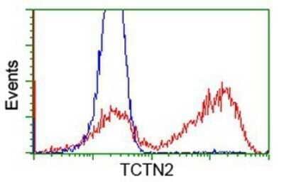 Flow Cytometry: TCTN2 Antibody (OTI1C1) - Azide and BSA Free [NBP2-74483] - HEK293T cells transfected with either overexpression plasmid (Red) or empty vector control plasmid (Blue) were immunostaining by anti-TCTN2 antibody, and then analyzed by flow cytometry.