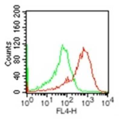 Flow Cytometry: TLR2 Antibody (11G5) [Azide Free] [NBP2-27166] - Cell surface analysis using TLR2 antibody. Thyoglycollate-elicited peritoneal macrophages from C57BL/6 mice were tested with 2.5 ug of isotype control antibody (green) and 2.5 ug of TLR2 antibody (red). This antibody and an APC-conjugated secondary this antibody were used for this test.