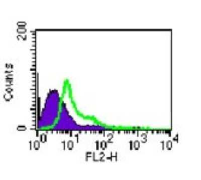 Flow Cytometry: TLR4 Antibody (MTS510) [PE] [NBP2-24741] - Analysis of cell surface TLR4 using this antibody at 0.625 ug/10^6 Raw cells (pretreated with anti-CD16/32). The shaded histogram represents the isotype control.