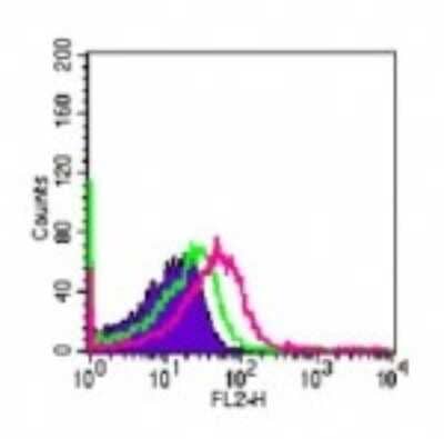 Flow Cytometry: TLR4 Antibody (MTS510) [PE] [NBP2-24741] - Cell surface analysis of TLR4 in mouse peritoneal cells using 0.5 ug of this antibody. Shaded histogram represents cells without antibody; green represents isotype control; red represents anti-TLR4 antibody.