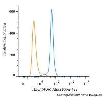 Flow Cytometry: TLR7 Antibody (4G6) - Azide Free [NBP2-25274] - An intracellular stain was performed on THP-1 cells with TLR7 [4G6] Antibody NBP2-25274AF488 (blue) and a matched isotype control (orange). Cells were fixed with 4% PFA and then permeabilized with 0.1% saponin. Cells were incubated in an antibody dilution of 5 ug/mL for 30 minutes at room temperature. Both antibodies were conjugated to Alexa Fluor 488.