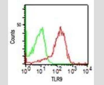 Flow Cytometry: TLR9 Antibody (26C593.2) - Azide Free [NBP2-24863] - Flow analysis of TLR9 in human PBMC using 0.5 ug of TLR9 antibody (red) and isotype control antibody (green).