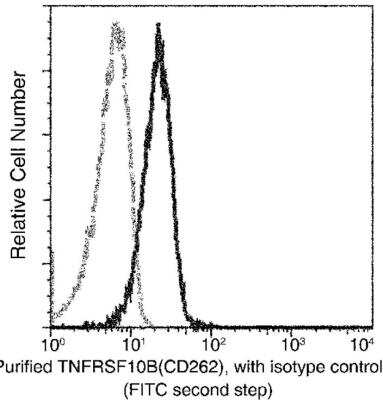 Flow Cytometry: TRAILR2/TNFRSF10B Antibody (102) [NBP2-89513] - Analysis of Human TNFRSF10B(CD262) expression on Jurkat cells. Cells were stained with purified anti-Human TNFRSF10B(CD262), then a FITC-conjugated second step antibody. The histogram were derived from gated events with the forward and side light-scatter characteristics of intact cells.