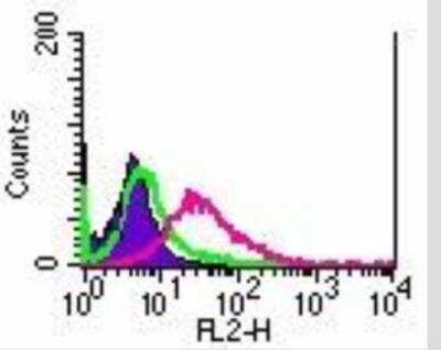 Flow (Cell Surface): TRANCE/TNFSF11/RANK L Antibody (12A380) [PE] [NBP2-27402PE] - Analysis in RAW cells using 2 ug of antibody.  Shaded histogram represents cells without antibody; green represents isotype control antibody; purple represents antibody.