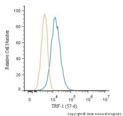 Flow Cytometry: TRF-1 Antibody (57-6) - Azide and BSA Free [NBP2-80993] - An intracellular stain was performed on HeLa with NB110-68281 (blue) and a matched isotype control (orange). Cells were fixed with 4% PFA and then permeablized with 0.1% saponin. Cells were incubated in an antibody dilution of 2.5 ug/mL for 30 minutes at room temperature, followed by mouse F(ab)2 IgG (H+L) APC-conjugated secondary antibody (F0101B, R&D Systems). Image from the standard format of this antibody.