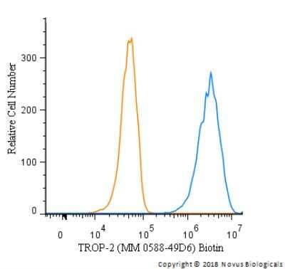 Flow Cytometry: TROP-2 Antibody (MM0588-49D6) [Biotin] [NBP2-11982B] - An intracellular stain was performed on A431 cells with TROP-2 Antibody [MM0588-49D6] NBP2-11982B (blue) and a matched isotype control (orange). Both antibodies were conjugated to Biotin. Cells were fixed with 4% PFA and then permeabilized with 0.1% saponin. Cells were incubated in an antibody dilution of 2.5 ug/mL for 30 minutes at room temperature, followed by Streptavidin - R-Phycoerythrin Protein (2012-1000, Novus Biologicals).