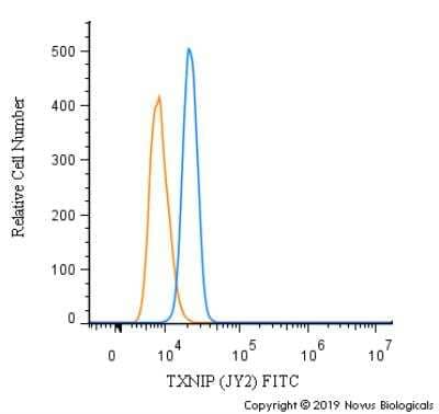 Flow Cytometry: TXNIP Antibody (JY2) [FITC] [NBP1-54578F] - An intracellular stain was performed on RH-30 cells with TXNIP (JY2) Antibody NBP1-54578F (blue) and a matched isotype control (orange). Cells were fixed with 4% PFA and then permeabilized with 0.1% saponin. Cells were incubated in an antibody dilution of 5 ug/mL for 30 minutes at room temperature. Both antibodies were conjugated to FITC.