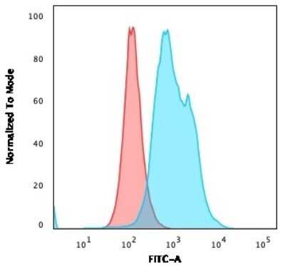 Flow Cytometry: Thymidylate Synthase Antibody (TYMS/1884) [NBP3-08882] - Flow Cytometric Analysis of PFA-fixed MOLT4 cells. Thymidylate Synthase Monospecific Mouse Monoclonal Antibody followed by goat anti- Mouse IgG-CF488 (Blue); Isotype Control (Red).