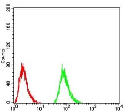 Flow Cytometry: Thyroid Stimulating Hormone Antibody (1D12G1) [NBP2-52574] - Analysis of Hela cells using TSHB mouse mAb (green) and negative control (red).