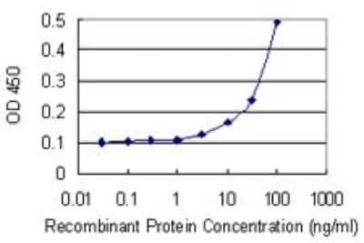 Sandwich ELISA: UBE2Z Antibody (4B1) [H00065264-M01] - Detection limit for recombinant GST tagged UBE2Z is 3 ng/ml as a capture antibody.