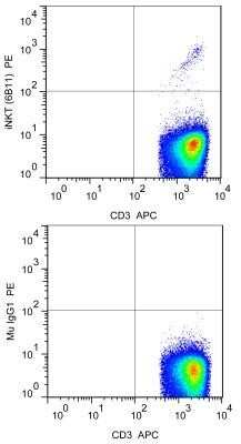 Flow (Cell Surface): V alpha 24 J alpha 18 TCR Antibody (6B11) - Azide and BSA Free [NBP2-81003] - A cell surface stain was performed on CD3+ hPBMCs with V alpha 24 J alpha 18 TCR antibody (6B11) NBP2-00267PE (top image) and a matched isotype control NBP2-27287 (bottom image). Cells were incubated in an antibody dilution of 1 ug/mL for 20 minutes at room temperature. Both antibodies were directly conjugated to Phycoerythrin. A co-stain was also performed using CD3 antibody NBP2-24867APC.