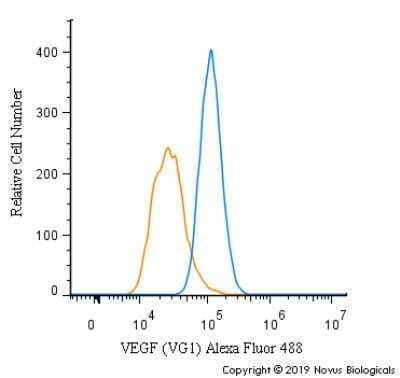 An intracellular stain was performed on U-87 cells with VEGF [VG1] Antibody NB100-664AF488 (blue) and a matched isotype control (orange). Cells were fixed with 4% PFA and then permeabilized with 0.1% saponin. Cells were incubated in an antibody dilution of 5 ug/mL for 30 minutes at room temperature. Both antibodies were conjugated to Alexa Fluor 488.