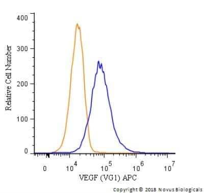 An intracellular stain was performed on U-87 cells with VEGF [VG1] Antibody NB100-664APC (blue) and a matched isotype control (orange). Cells were fixed with 4% PFA and then permeabilized with 0.1% saponin. Cells were incubated in an antibody dilution of 2.5 ug/mL for 30 minutes at room temperature. Both antibodies were directly conjugated to Allophycocyanin.