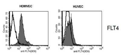 Flow Cytometry: VEGFR3/Flt-4 Antibody (9D9) [NBP1-18651] - Fig. 1: Flow analysis of VEGFR-3/FLT4 expression in primary human dermal mivrovascular endothelial cells (HDMVEC) and human umbilical vein endothelial cells (HUVEC). There is only a very weak expression of VEGFR-3/FLT4 detectable in the HUVECs but a strong one in the HDMVEC.