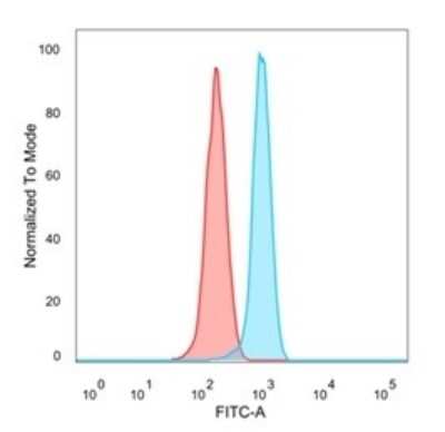 Flow Cytometry: ZBTB46 Antibody (PCRP-ZBTB46-2B8) [NBP3-07755] - Flow Cytometric Analysis of PFA-fixed HeLa cells. ZBTB46 Mouse Monoclonal Antibody (PCRP-ZBTB46-2B8) followed by goat anti- Mouse IgG-CF488 (blue); unstained cells (red).
