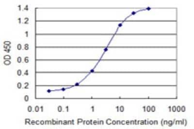 Sandwich ELISA: ZBTB6 Antibody (2E12) [H00010773-M04] - Detection limit for recombinant GST tagged ZBTB6 is 0.03 ng/ml as a capture antibody.