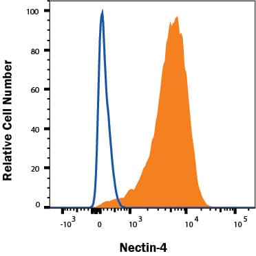 MCF-7 human breast adenocarcinoma cell line was stained with Goat Anti-Human Nectin-4 Antigen Affinity-purified Polyclonal Antibody (Catalog # AF2659, filled histogram) or control antibody (AB-108-C, open histogram), followed by PE-conjugated Anti-Goat IgG Secondary Antibody (F0107).