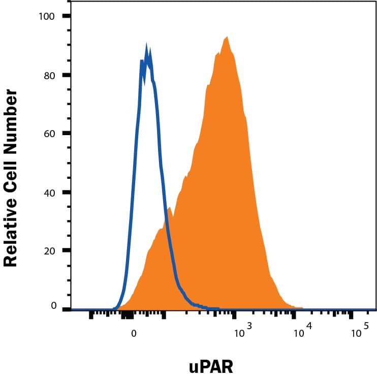 Expression of murine Plaur in AT84 cells.In vitro characterization of AT84 cells stably transfected with either empty vector (EV) or a vector containing cDNA encoding murine uPAR (Plaur). A: Western blot analysis of whole cell lysates using a polyclonal anti-murine uPAR antibody (AF534). A total of 7.5 ng of recombinant murine uPAR (rmuPAR) was loaded as a positive control. Re-probing for  beta -actin was used as a loading control. B: Western blot analysis of cellular membrane fractions using a polyclonal anti-murine uPAR antibody (AF534). Total protein was measured per sample and 53.5 µg of protein was loaded per lane. A and B: Images were cropped, as no additional bands were detectable. C: FACS analysis of non-permeabilized cells using a polyclonal anti-murine uPAR antibody (AF534). Alexa Fluor 488 anti-goat secondary antibody (A11055) was used as the secondary antibody. The quantified mean Alexa 488 fluorescence signal per cell line is presented in the panel to the right. D and E: Relative Plaur mRNA (uPAR) (D) or Plau mRNA (uPA) (E) expression levels as analysed using RT-qPCR. All expression levels were normalized to the expression of the reference genes Trfc and  beta -actin. Error bars represent the standard error of mean (+SEM) and N = 3. One-way ANOVA; *pAB-108-C, open histogram), followed by Phycoerythrin-conjugated Anti-Goat IgG Secondary Antibody (Catalog # F0107). View our protocol for Staining Membrane-associated Proteins. 