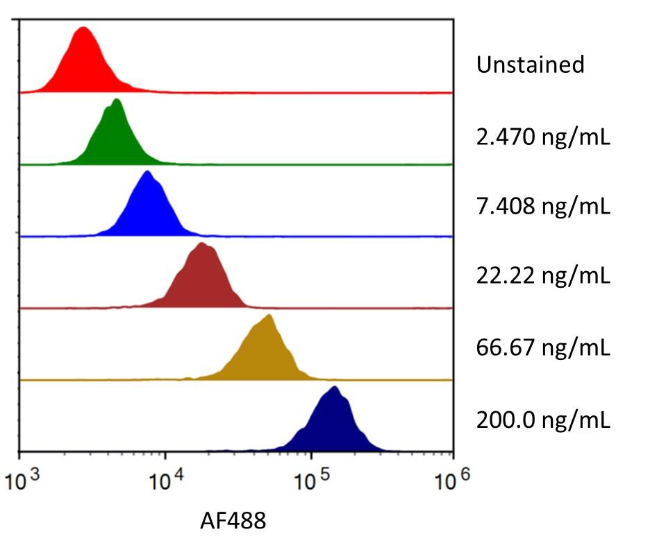 Transfected cells were stained with the indicated concentrations of Recombinant Human CD30 Fc Chimera Alexa Fluor® 488 (Catalog # AFG11155). 