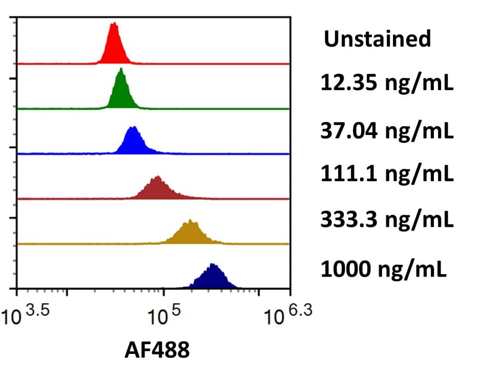 Streptavidin coated beads conjugated to biotinylated Anti-Human HVEM/TNFRSF14 were stained with the indicated concentrations of Recombinant Human HVEM/TNFRSF14 Fc Chimera Alexa Fluor® 488 (Catalog # AFG11177).