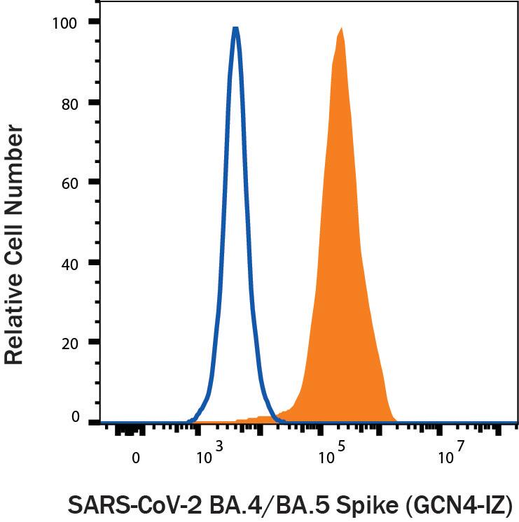 HEK293 human embryonic kidney cells transfected with human ACE-2 were stained with (A) Recombinant SARS-CoV-2 BA.4/BA.5 Spike GCN4-IZ His-tag Alexa Fluor® 488 (Catalog # AFG11229, filled histogram) or (B) unstained (open histogram).