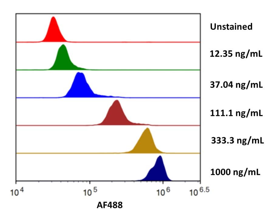 Streptavidin coated beads conjugated to biotinylated Anti-Human EGFR were stained with the indicated concentrations of Recombinant Human EGFR Fc-tag Alexa Fluor® 488 (Catalog # AFG344). 