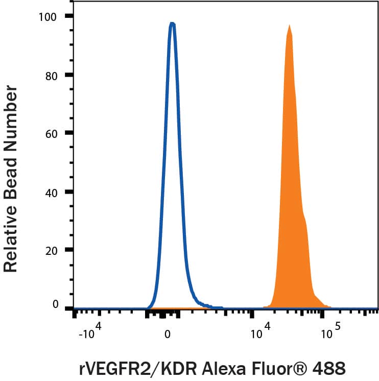 Fluorescent beads conjugated to Human VEGFR2/KDR/Flk-1 Antibody were stained with (A) Recombinant Human VEGFR2/KDR/Flk-1 Fc Chimera His-tag Alexa Fluor® 488 (Catalog # AFG357, filled histogram) or (B) unstained (open histogram).