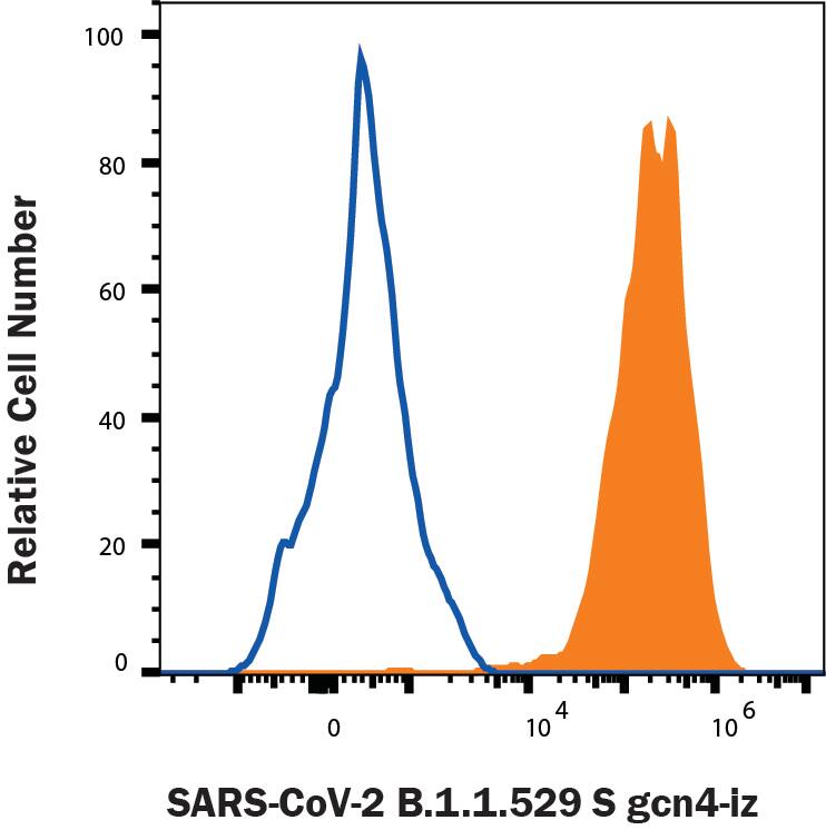 HEK293 human embryonic kidney cells transfected with human ACE-2 were stained with (A) Recombinant SARS-CoV-2 B.1.1.529 Spike (GCN4-IZ) His-tag Alexa Fluor® 647 (Catalog # AFR11061, filled histogram) or (B) unstained (open histogram).
