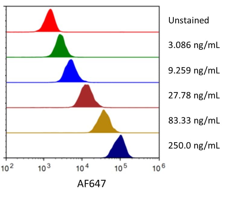 Streptavidin coated beads conjugated to biotinylated Human CD155 were stained with the indicated concentrations of Recombinant Human CD155 His-tag Alexa Fluor® 647 (Catalog # AFR2530). 