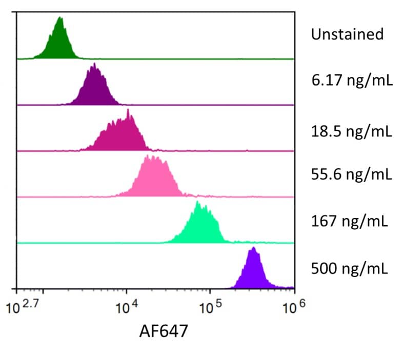 Streptavidin coated beads conjugated to biotinylated anti-Human OX40/TNFRSF4 Monoclonal Antibody were stained with the indicated concentrations of Recombinant Human OX40/TNFRSF4 Fc Chimera Alexa Fluor® 647 (Catalog # AFR3388). 