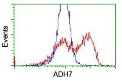 Flow Cytometry: alcohol dehydrogenase 7 Antibody (OTI2H10) - Azide and BSA Free [NBP2-70098] - HEK293T cells transfected with either overexpression plasmid (Red) or empty vector control plasmid (Blue) were immunostaining by anti-alcohol dehydrogenase 7 antibody, and then analyzed by flow cytometry.