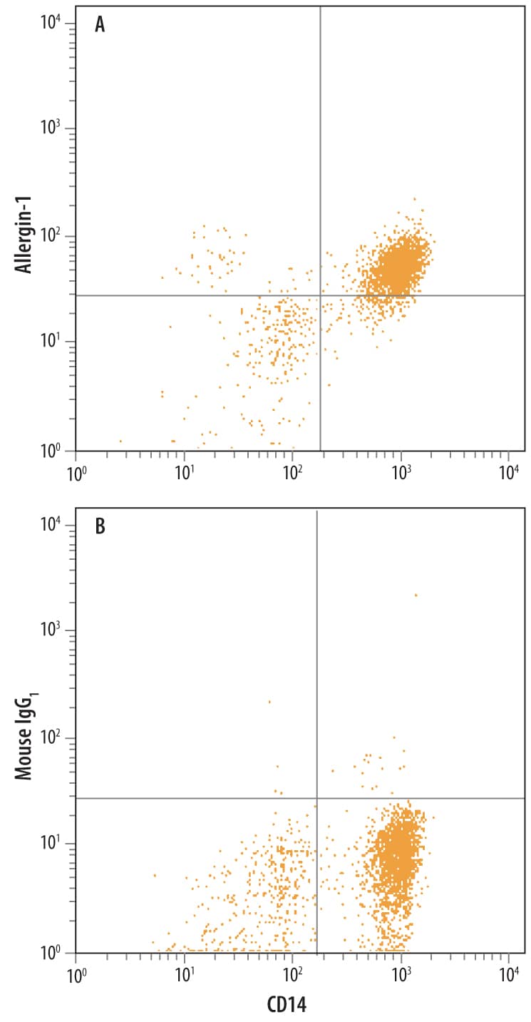 Human peripheral blood monocytes were stained with Mouse Anti-Human CD14 Fluorescein-conjugated Monoclonal Antibody (Catalog # FAB3832F) and either (A) Mouse Anti-Human Allergin-1 Monoclonal Antibody (Catalog # MAB7638) or (B) Mouse IgG1Isotype Control (Catalog # MAB002) followed by Allophycocyanin-conjugated Anti-Mouse IgG Secondary Antibody (Catalog # F0101B).