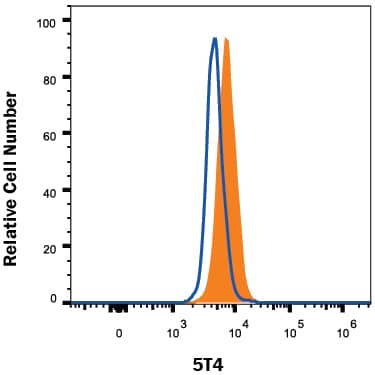 BG01V human embryonic stem cells were stained with Mouse Anti-Human 5T4 Fluorescein-conjugated Monoclonal Antibody (Catalog # FAB49751F, filled histogram) or isotype control antibody (Catalog # IC002F, open histogram). View our protocol for Staining Membrane-associated Proteins.