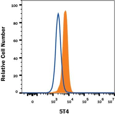 BG01V human embryonic stem cells were stained with Mouse Anti-Human 5T4 PE-conjugated Monoclonal Antibody (Catalog # FAB49751P, filled histogram) or isotype control antibody (Catalog # IC002P, open histogram). View our protocol for Staining Membrane-associated Proteins.