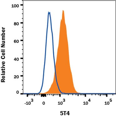 BG01V human embryonic stem cells were stained with Mouse Anti-Human 5T4 Alexa Fluor® 647-conjugated Monoclonal Antibody (Catalog # FAB49751R, filled histogram) or isotype control antibody (Catalog # IC002R, open histogram). View our protocol for Staining Membrane-associated Proteins.