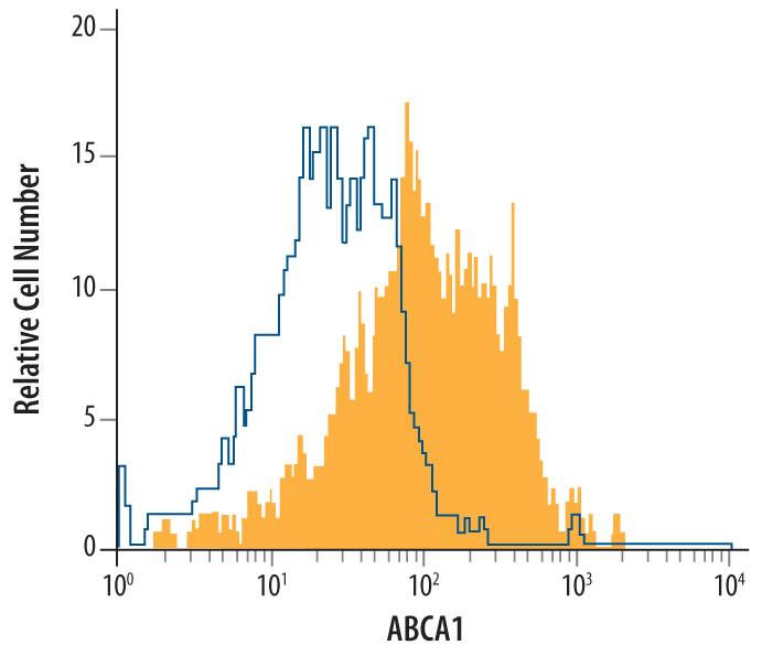 HepG2 human hepatocellular carcinoma cell line was stained with Mouse Anti-Human ABCA1 Monoclonal Antibody (Catalog # MAB7207, filled histogram) or isotype control antibody (Catalog # MAB003, open histogram), followed by Allophycocyanin-conjugated Anti-Mouse IgG Secondary Antibody (Catalog # F0101B). To facilitate intracellular staining, cells were fixed with Flow Cytometry Fixation Buffer (Catalog # FC004) and permeabilized with Flow Cytometry Permeabilization/Wash Buffer I (Catalog # FC005). View our protocol for Staining Intracellular Molecules.