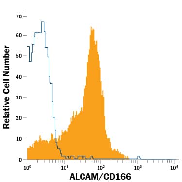 Human whole blood monocytes were stained with Mouse Anti-Human ALCAM/CD166 PE-conjugated Monoclonal Antibody (Catalog # FAB6561P, filled histogram) or isotype control antibody (IC002P, open histogram). View our protocol for Staining Membrane-associated Proteins.