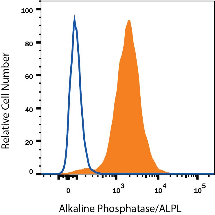 BG01V human embryonic stem cells were stained with Mouse Anti-Human Alkaline Phosphatase/ALPL APC-conjugated Monoclonal Antibody (Catalog # FAB1448A, filled histogram) or isotype control antibody (IC002A, open histogram). View our protocol for Staining Membrane-associated Proteins.