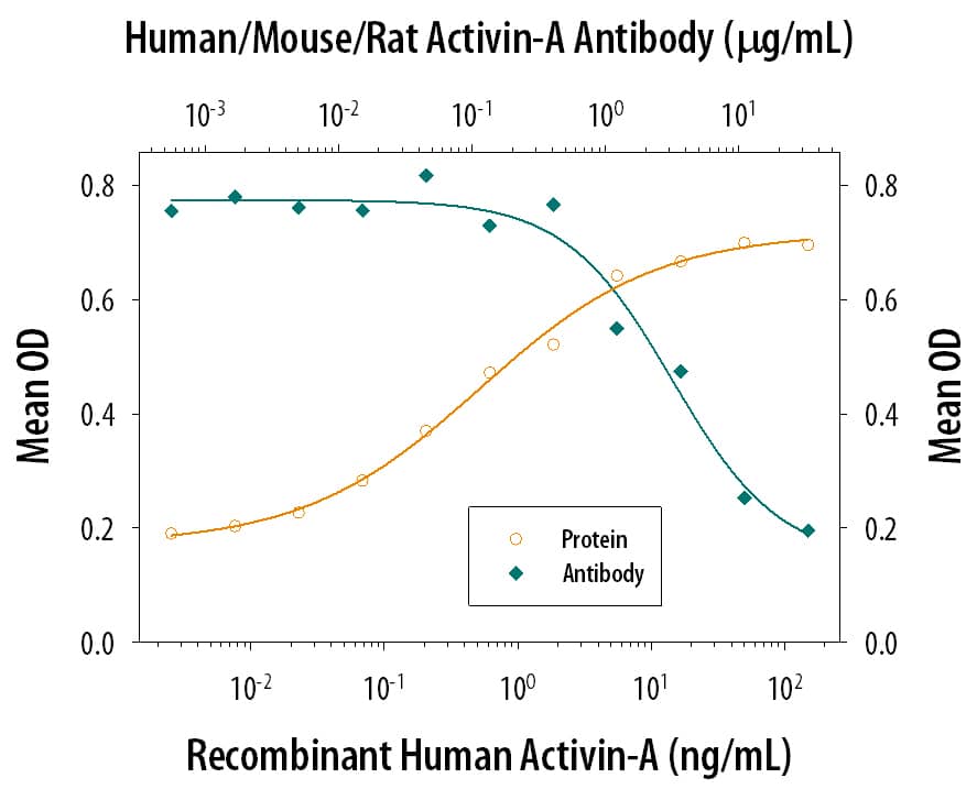 Recombinant Human/Mouse/Rat Activin A (Catalog # 338-AC) increases hemoglobin expression in the K562 human chronic myelogenous leukemia cell line in a dose-dependent manner (orange line), as measured by the psuedoperoxidase assay. Hemoglobin Expression elicited by Recombinant Human/Mouse/Rat Activin A (7.5 ng/mL) is neutralized (green line) by increasing concentrations of Goat Anti-Human/Mouse/Rat Activin A  beta A subunit Antigen Affinity-purified Polyclonal Antibody (Catalog # AF338). The ND50 is typically 2-6 µg/mL.