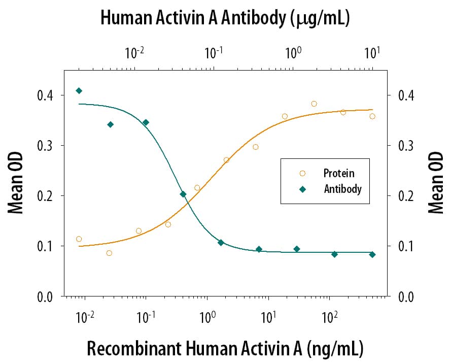 Recombinant Human/Mouse/ Rat Activin A (Catalog # 338-AC) increases hemoglobin expression in the K562 human chronic myelogenous leukemia cell line in a dose-dependent manner (orange line), as measured by the psuedoperoxidase assay. Hemoglobin Expression elicited by Recombinant Human/Mouse/Rat Activin A (7.5 ng/mL) is neutralized (green line) by increasing concentrations of Goat Anti-Human/Mouse/Rat Activin A  beta A subunit Monoclonal Antibody (Catalog # MAB3381). The ND50 is typically 0.02-0.06 µg/mL.