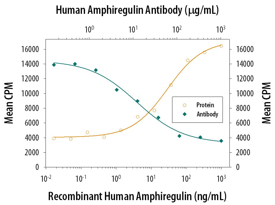 Recombinant Human Amphiregulin (Catalog # 262-AR) stimulates proliferation in the Balb/3T3 mouse embryonic fibroblast cell line in a dose-dependent manner (orange line). Proliferation elicited by Recombinant Human Amphiregulin (50 ng/mL) is neutralized (green line) by increasing concentrations of Human Amphiregulin Monoclonal Antibody (Catalog # MAB262). The ND50 is typically 5-15 µg/mL.