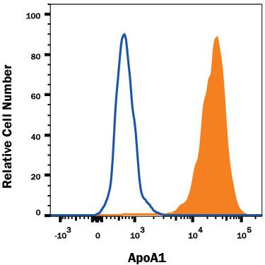 HepG2 human hepatocellular carcinoma cell line was stained with Rabbit Anti-Human Apolipoprotein A-I/ApoA1 Monoclonal Antibody (Catalog # MAB36641, filled histogram) or isotype control antibody (Catalog # MAB1050, open histogram), followed by Phycoerythrin-conjugated Anti-Rabbit IgG Secondary Antibody (Catalog # F0110). To facilitate intracellular staining, cells were fixed with Flow Cytometry Fixation Buffer (Catalog # FC004) and permeabilized with Flow Cytometry Permeabilization/Wash Buffer I (Catalog # FC005). View our protocol for Staining Intracellular Molecules.
