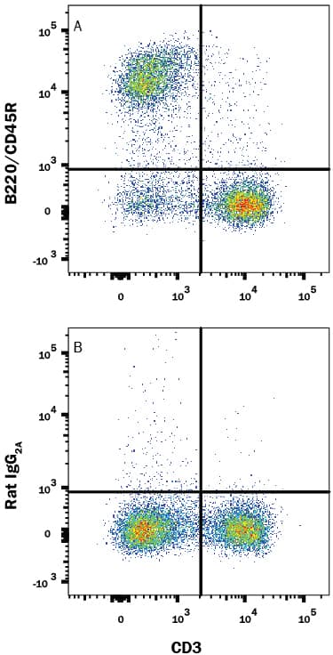 Mouse splenocytes were stained with Rat Anti-Mouse CD3 PE-conjugated Monoclonal Antibody (Catalog # FAB4841P) and A) Rat Anti-Mouse B220/CD45R APC-conjugated Monoclonal Antibody (Catalog # FAB1217A) or B) RatIgG2AAPC-conjugated isotype control antibody (Catalog # IC006A). View our protocol for Staining Membrane-associated Proteins.