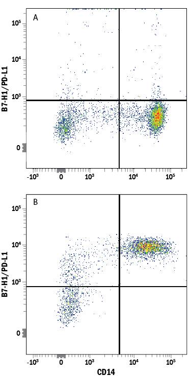 Human peripheral blood mononuclear cells (PBMCs) (A) resting or (B) treated with 1 µg/mL LPS overnight were stained with Mouse Anti-Human CD14 APC-conjugated Monoclonal Antibody (Catalog # FAB3832A) and Mouse Anti-Human B7-H1/PD-L1 Alexa Fluor® 488-conjugated Monoclonal Antibody (Catalog # FAB1561G). Quadrant markers were set based on control antibody staining (Catalog # IC002G). View our protocol for Staining Membrane-associated Proteins.